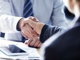 Two business partners shake hands in agreement.